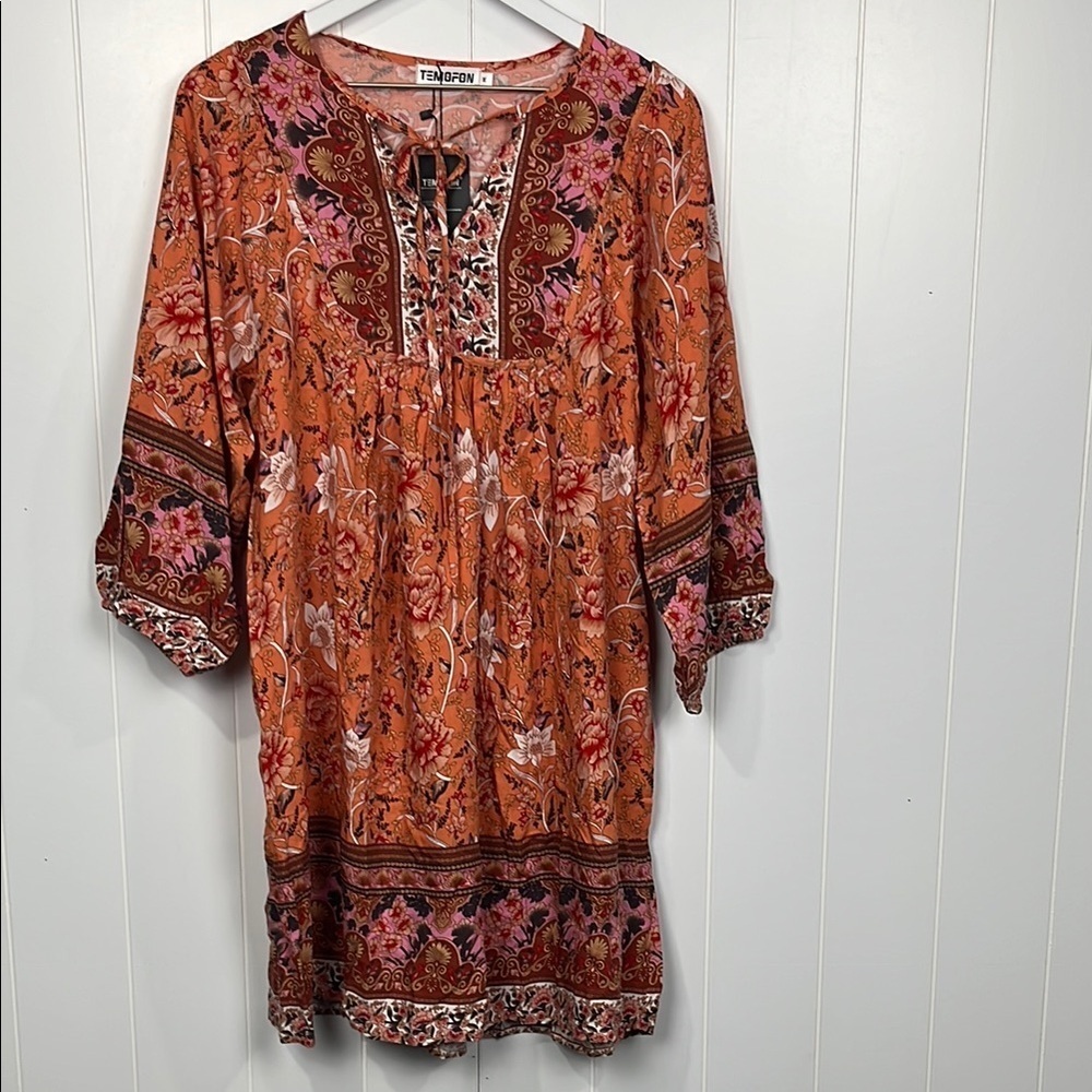 Temofon Womens Mini Dress M Orange White Pullover Balloon Sleeves Floral Swingy